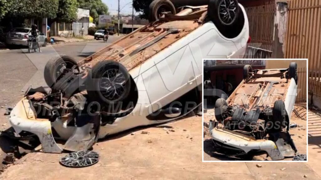 Marmita cai no carro e provoca capotamento que deixa mãe e filha feridas em Rondonópolis